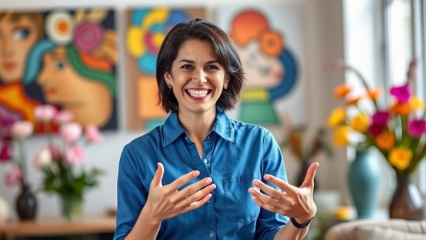 Woman discussing 50-year mortgage pros and cons in a colorful setting.