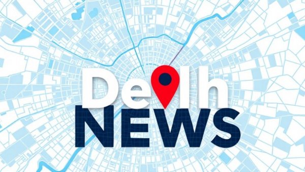 Delhi city map with 'Delhi News' overlay and red pin icon.