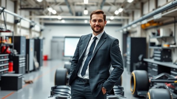 Businessman in Mercedes F1 workshop, related to stake sale.