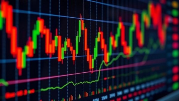 Stock market chart showing trends with candlesticks and lines, Dow Jones Industrial Average Record High focus.
