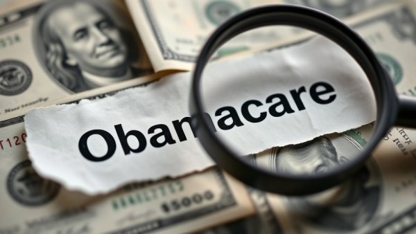Magnifying glass over Obamacare text on dollar bills, highlighting subsidies.