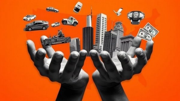 Surreal collage of hands and financial icons over U.S. map.