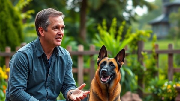 Casual man with Belgian Malinois outdoors in serene garden