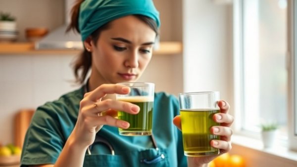Person pointing at a glass of green tea in the kitchen, highlighting green tea benefits for pets.