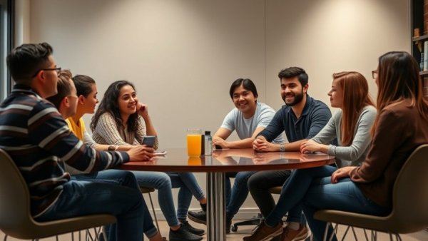 Group of young adults engaging in conversation, reflecting the 'Be an American Nerd' theme.