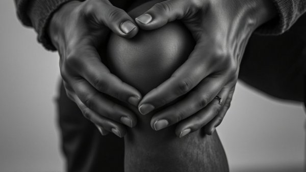 Hands holding knee, black and white, knee osteoarthritis exercise management focus