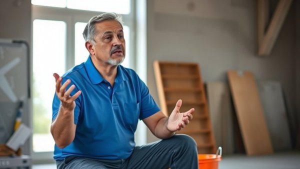 Middle-aged man explaining concrete repair skills for homeowners.