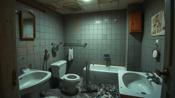 Bathroom renovation challenges in a worn-out space.