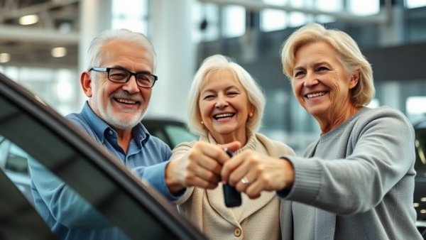 Cheerful older couple receiving car keys suggesting extended car warranty.