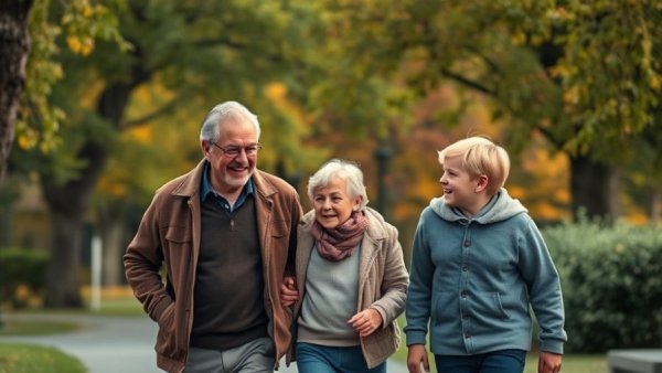 Family bonding during a nature walk, illustrating intergenerational connection in a scenic park.