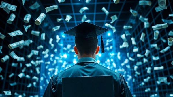 Graduate faces rising college costs symbolized by dollar bills.