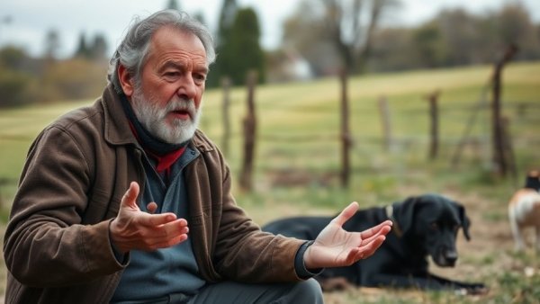 Man discussing dog care outdoors with a black dog.