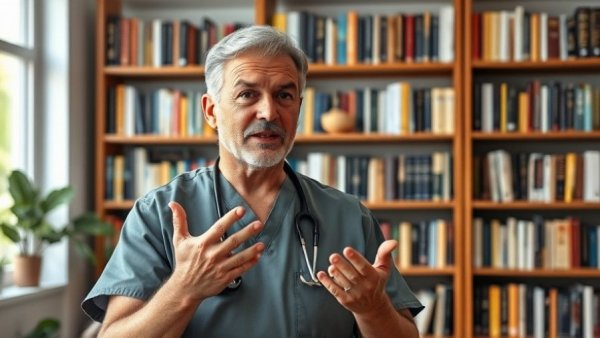 Man in scrubs explains wound healing remedy in home office.