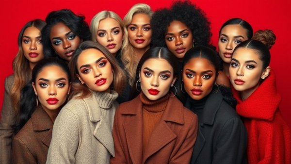 Glamorous women showcasing Winter Makeup Trends 2025 against red backdrop.