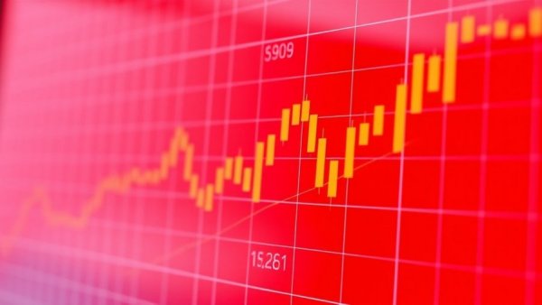 Vibrant stock market candlestick chart in red highlighting market activity
