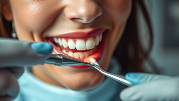 Dental tool extracting impacted wisdom tooth with smiling dentist.