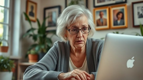 Elderly woman surprised by elder scams on her laptop at home.
