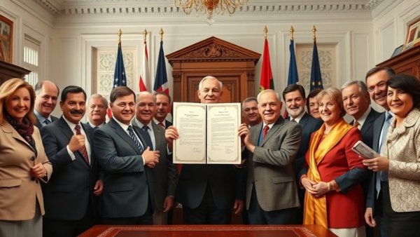Government officials celebrating document signing in an ornate office.