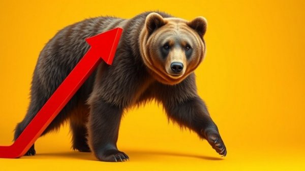 Bear market symbol: Bear with red stock arrow on yellow background, consumer stocks bear market.