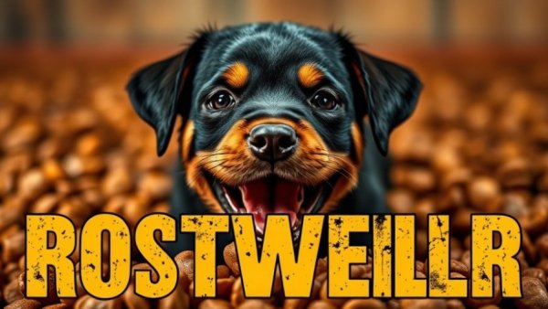 Playful Rottweiler puppy in dog food with 'Crazy Food Drive!' text.