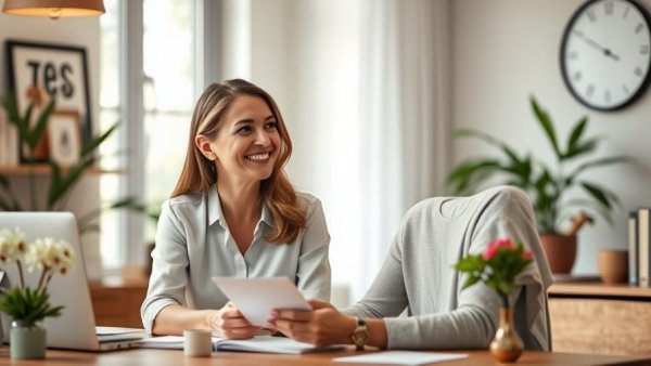 Woman sharing house buying tips for 2026 in a cozy office.