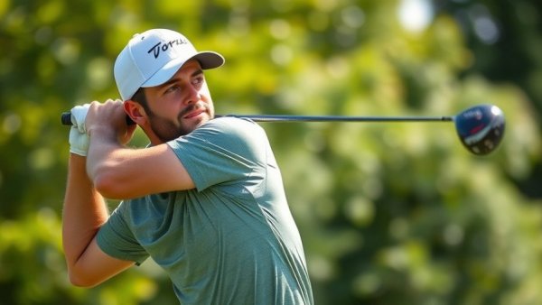 Golfer in purple shirt swings club, lush greenery in backdrop.