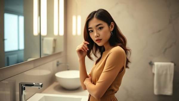 Modern bathroom vanity confidently examined by a stylish woman.