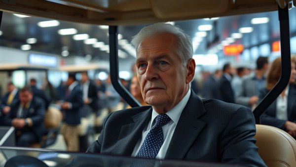 Elderly man sitting in a golf cart at an indoor event, surrounded by people, Berkshire Hathaway Alphabet investment.