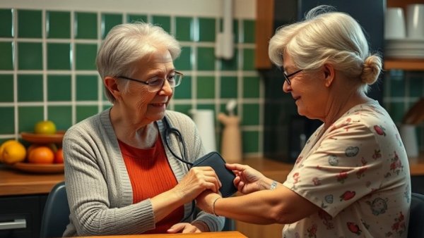 Caregiver assisting elderly woman with health check in a kitchen setting.