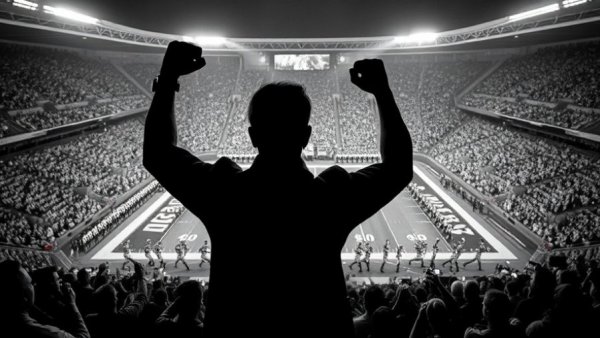 Trump approval rating second term illustration at a stadium event.