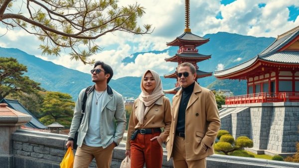 Stylish individuals in Japan, exploring fashion and landscapes, Tokyo travel wellness experiences.