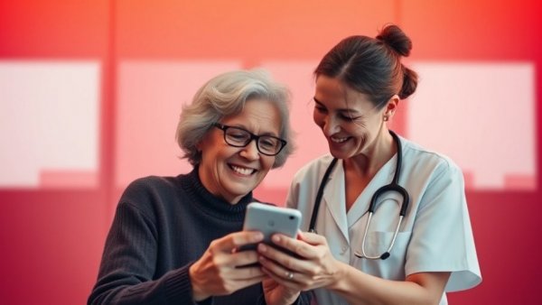 Rising Need for Long-Term Care: Nurse assisting elderly woman with phone.