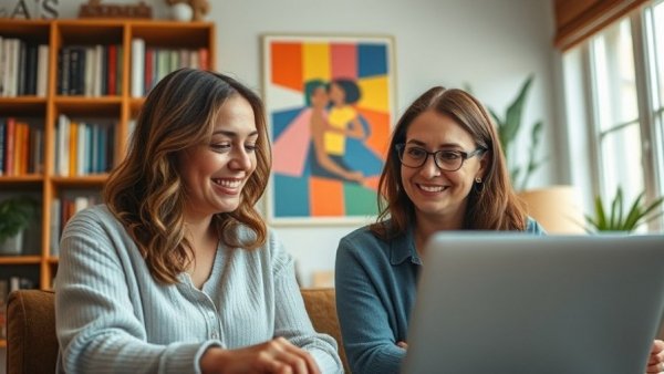 Two women discussing fawn response in a cozy room with books and a poster.