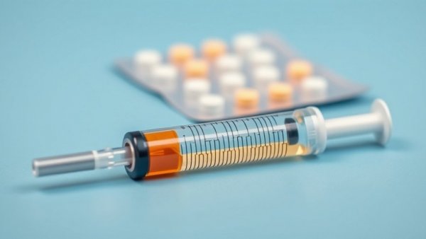 Syringe and medication vial for new medication high triglyceride levels on blue background.