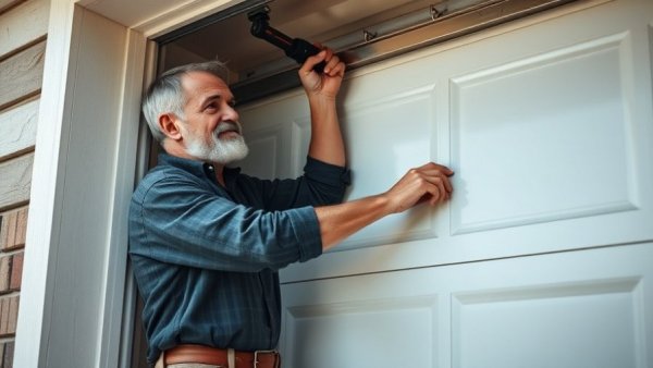 Professional replacing garage door frame in residential setup.