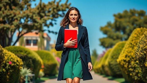 Confident woman with folder, walking regarding UK asylum seekers accommodation rights.