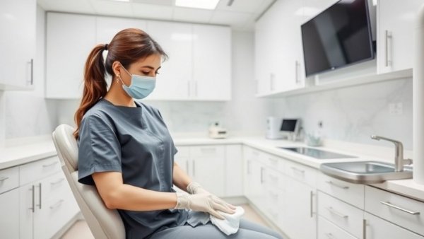 Dental hygienist cleans surfaces in office - what dental hygienists do between patients.