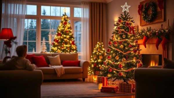 Holiday home decor ideas in a cozy living room with Christmas tree.
