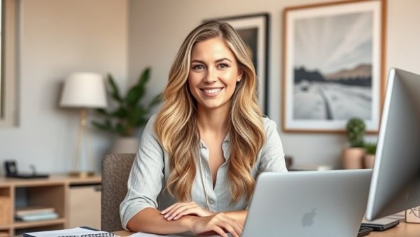 Blonde woman at desk in home office discussing ways to increase home value.
