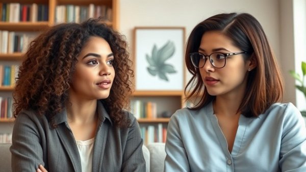 Two women in a virtual conversation, discussing the topic 'Telling Your Story'.