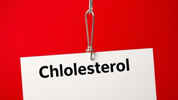 Card with 'Cholesterol' on hook, red background, symbolic.