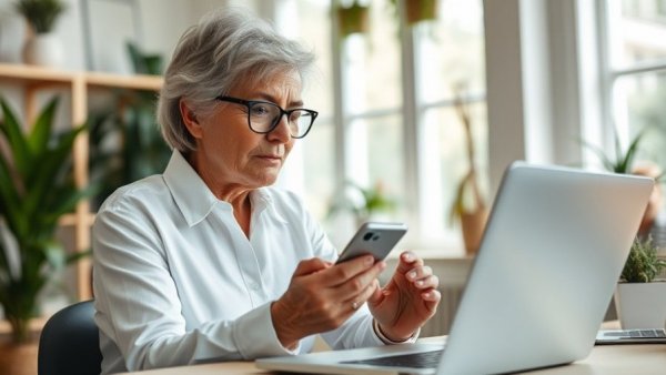 Thoughtful older woman exploring self-employed retirement planning tips using laptop and smartphone.