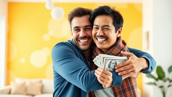 Joyful couple celebrating being debt-free as financial success, vibrant background.