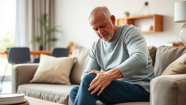 Middle-aged person holding knee in pain, low-dose radiation therapy for knee pain.