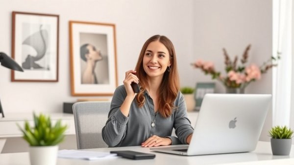 Woman discussing the cost of buying a home in America in a home office.