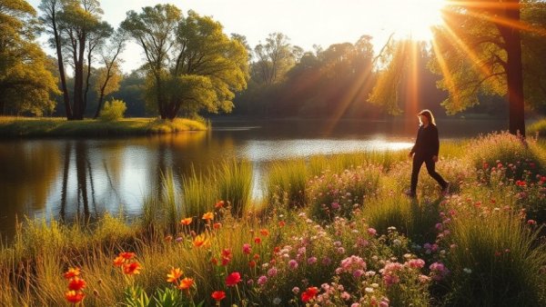 Person walking by a lake, trees and flowers in sunlight - daily walking reduces back pain.