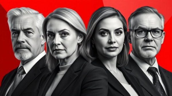 HSBC Chair Succession: Monochrome portraits over red geometric background.