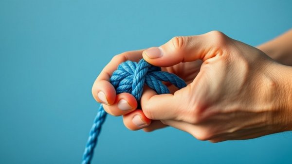 Close-up of hands tying a blue rope knot for home improvement tips.