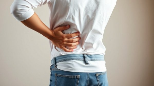 Person clutching lower back pain, relevant to axial spondyloarthritis.