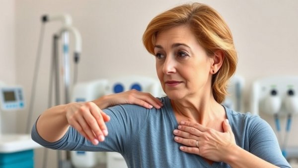 Woman shows shoulder exercise to heal rotator cuff pain without surgery.